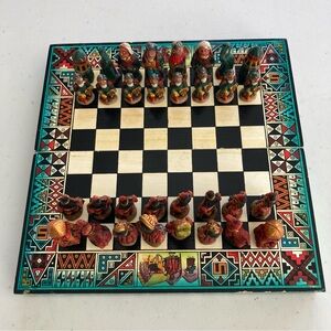 Vintage Handmade Travel Chess Set Aztec Mayan Incas VS Spanish Conquistadors